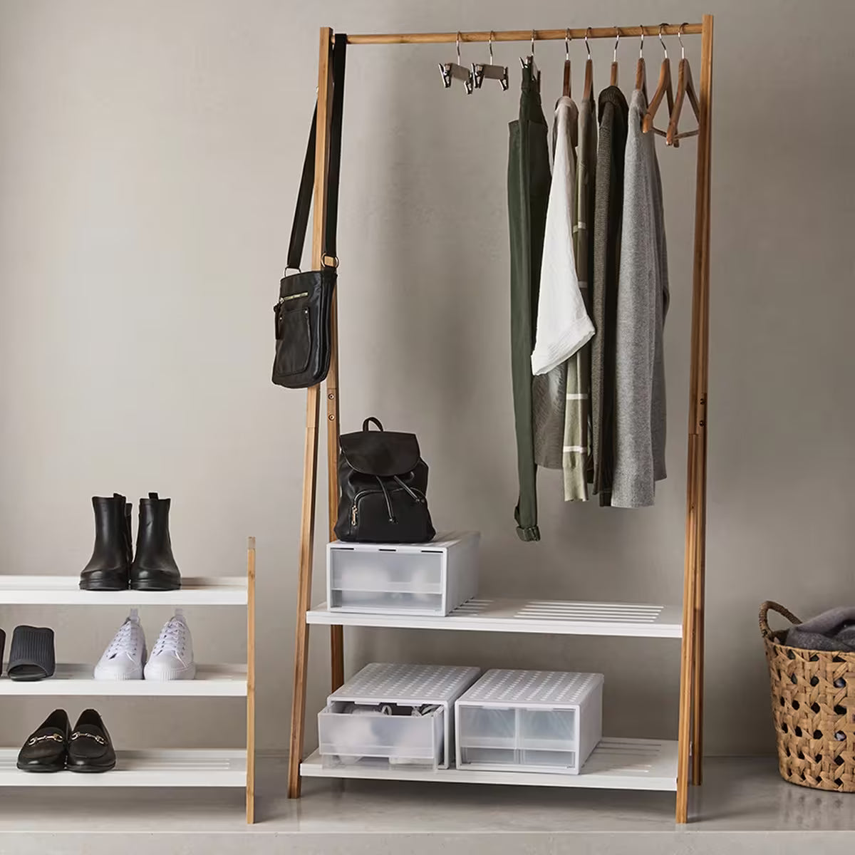 BAMBOO GARMENT RACK WITH WHITE SHELVES