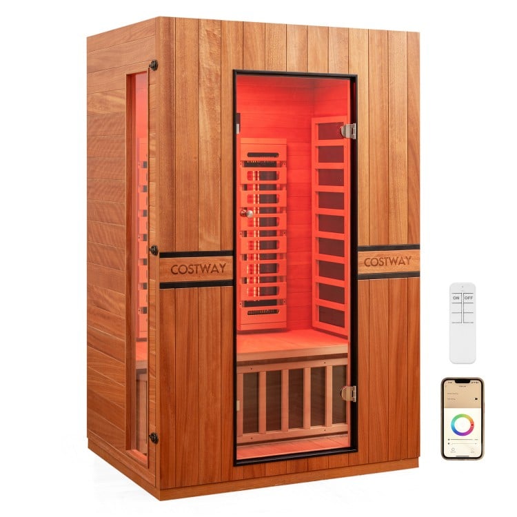 2026 Model-Premium Series-Costway 2-Person Dual Therapy Full Spectrum Infrared Sauna with Red Light Panel($900 Value), WiFi App Control, Chromotherapy & Bluetooth – Okoume Wood- Fully Loaded Indoor Spa