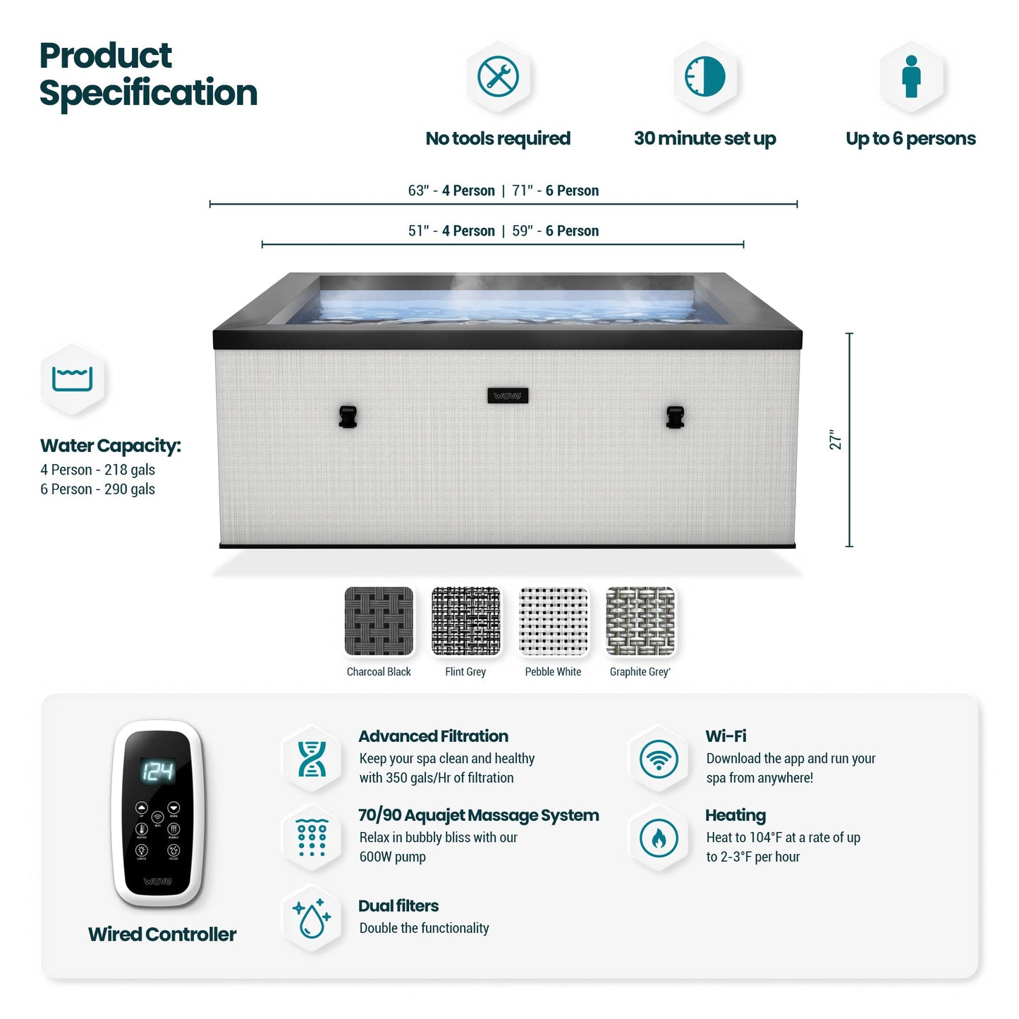 Wave | Garda | 4/6-Person Eco Foam Hot Tub | Square | Built-In Integrated Heater