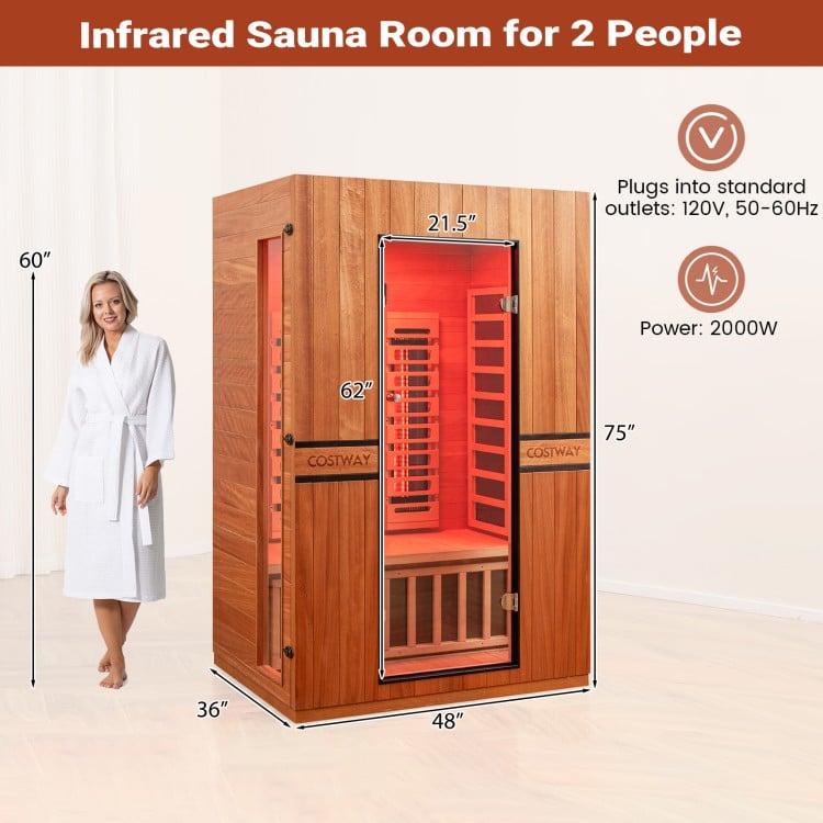 2026 Model-Premium Series-Costway 2-Person Dual Therapy Full Spectrum Infrared Sauna with Red Light Panel($900 Value), WiFi App Control, Chromotherapy & Bluetooth – Okoume Wood- Fully Loaded Indoor Spa