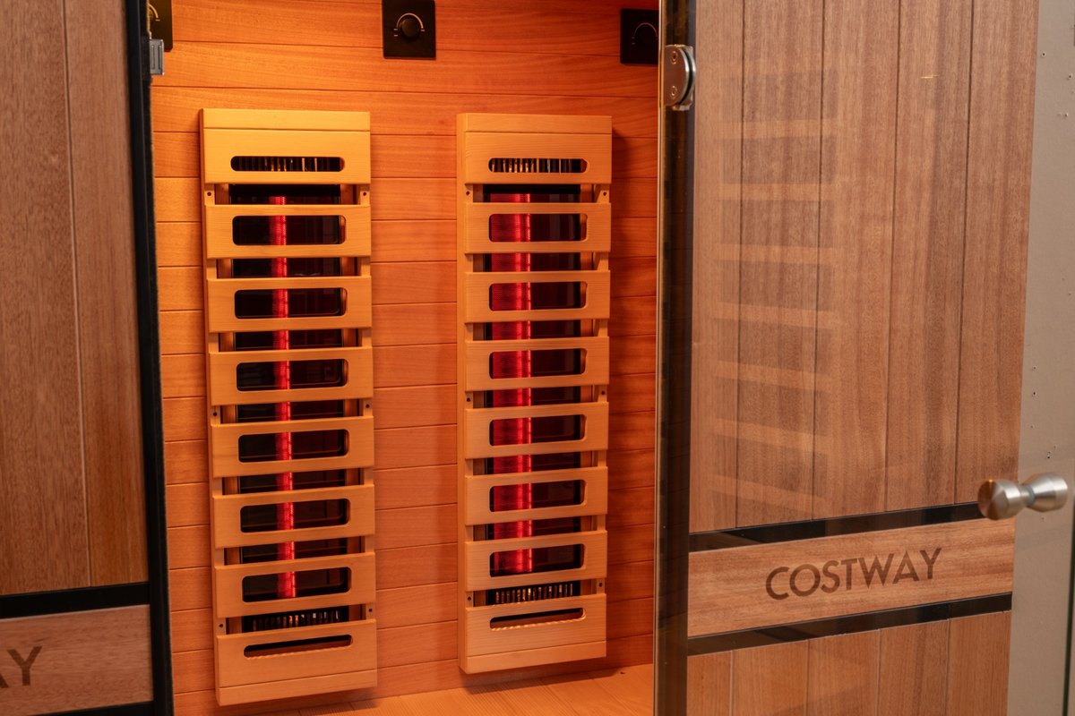 2026 Model-Premium Series-Costway 2-Person Dual Therapy Full Spectrum Infrared Sauna with Red Light Panel($900 Value), WiFi App Control, Chromotherapy & Bluetooth – Okoume Wood- Fully Loaded Indoor Spa