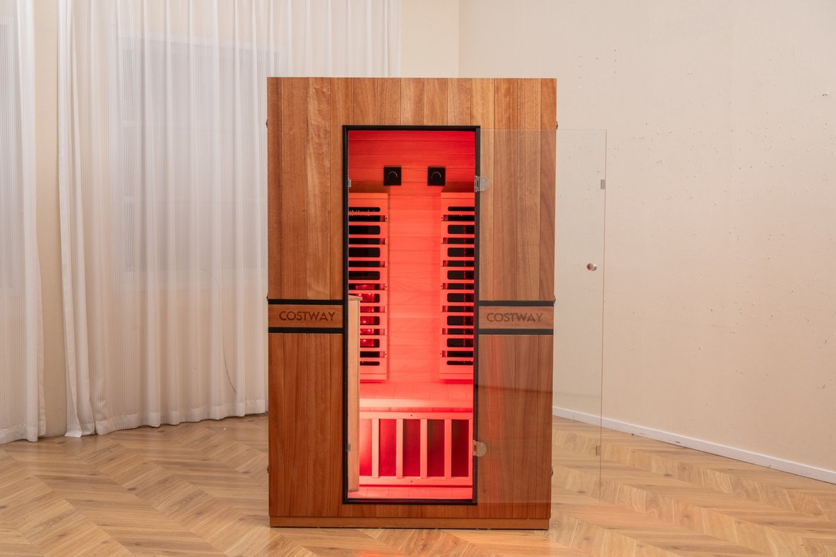 2026 Model-Premium Series-Costway 2-Person Dual Therapy Full Spectrum Infrared Sauna with Red Light Panel($900 Value), WiFi App Control, Chromotherapy & Bluetooth – Okoume Wood- Fully Loaded Indoor Spa