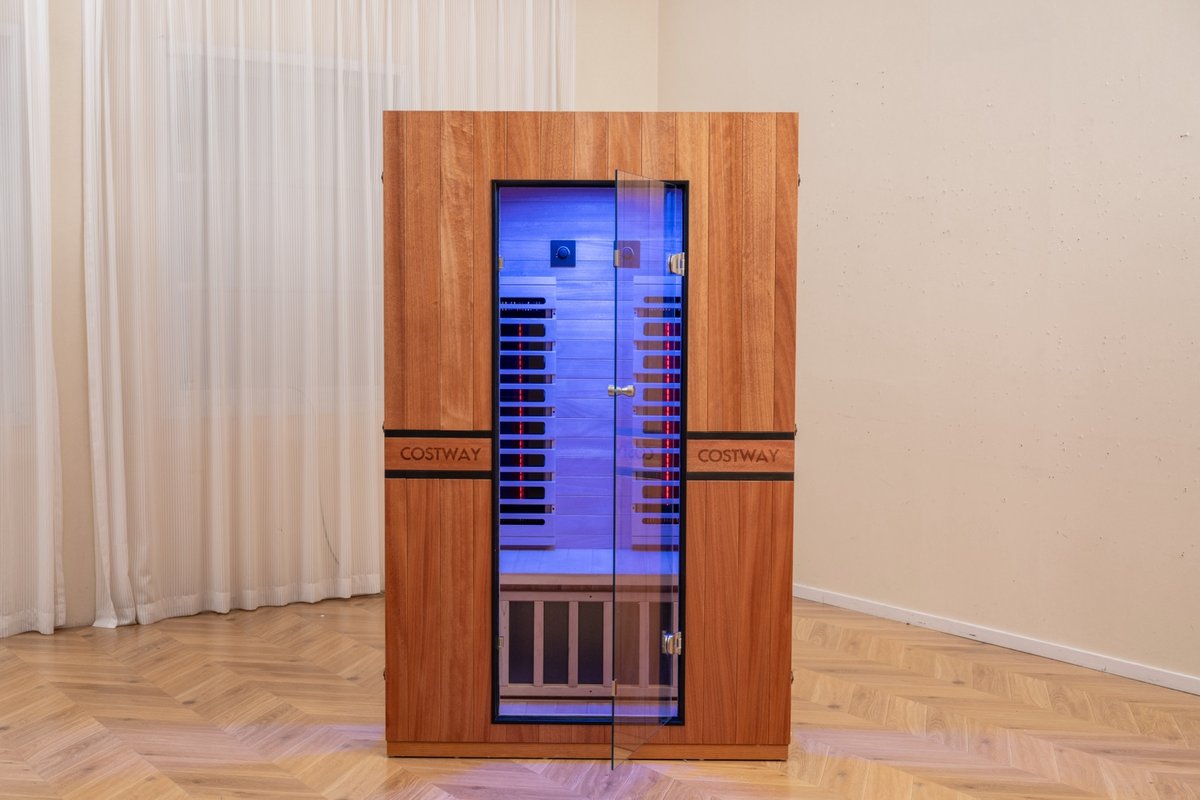 2026 Model-Premium Series-Costway 2-Person Dual Therapy Full Spectrum Infrared Sauna with Red Light Panel($900 Value), WiFi App Control, Chromotherapy & Bluetooth – Okoume Wood- Fully Loaded Indoor Spa