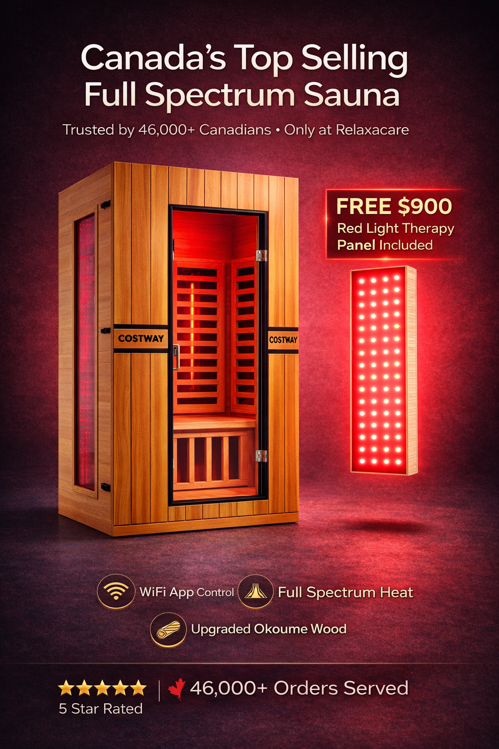 2026 Model-Premium Series-Costway 2-Person Dual Therapy Full Spectrum Infrared Sauna with Red Light Panel($900 Value), WiFi App Control, Chromotherapy & Bluetooth – Okoume Wood- Fully Loaded Indoor Spa