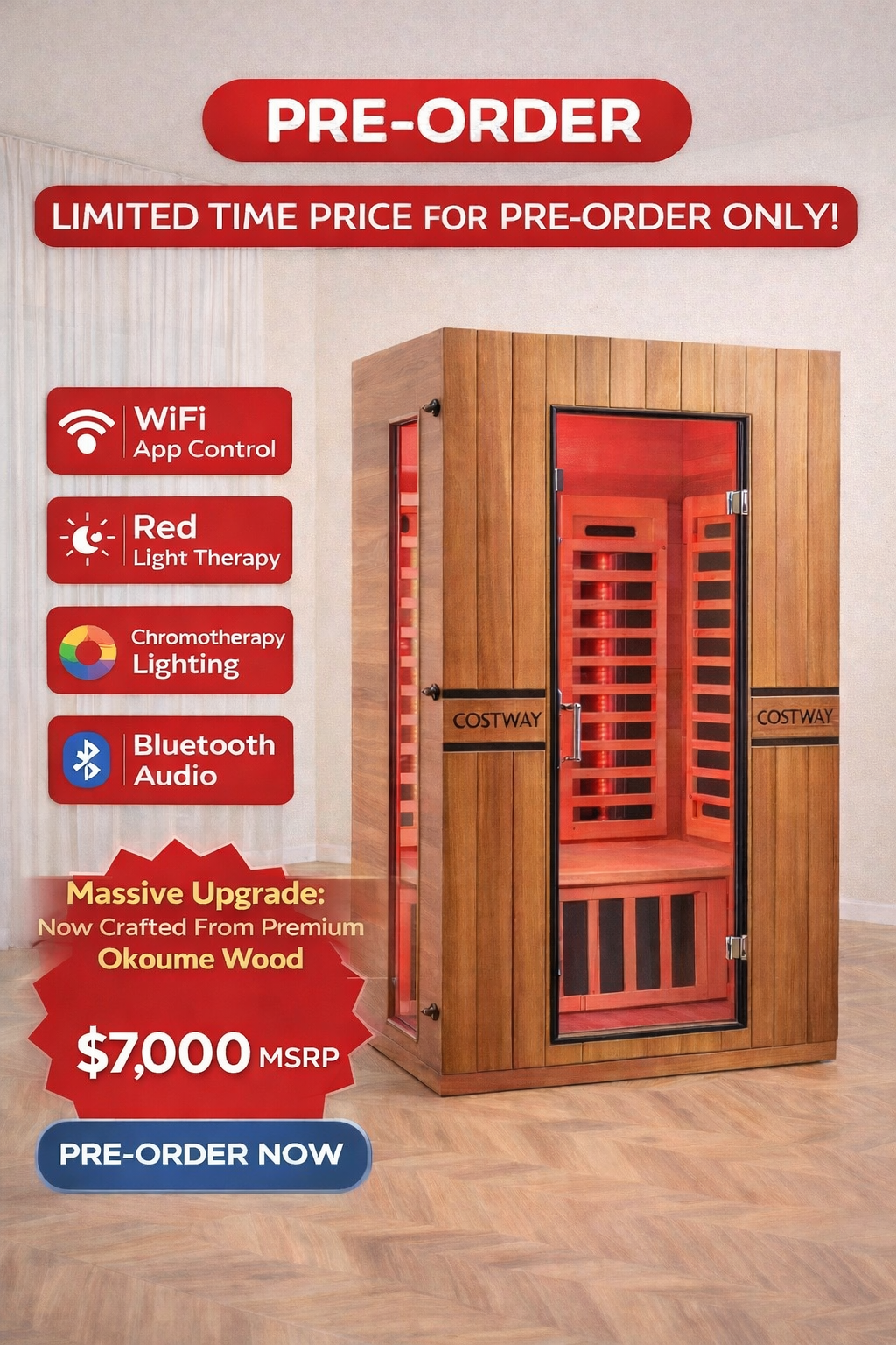 2026 Model-Premium Series-Costway 2-Person Dual Therapy Full Spectrum Infrared Sauna with Red Light Panel($900 Value), WiFi App Control, Chromotherapy & Bluetooth – Okoume Wood- Fully Loaded Indoor Spa