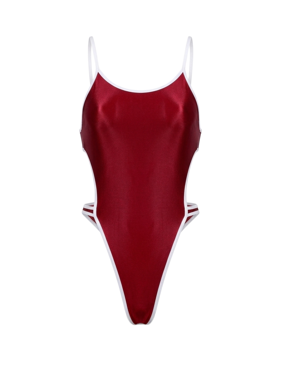 Women's High-Cut One-Piece Satin Spandex BodySuit Swimsuit with Side Cutouts