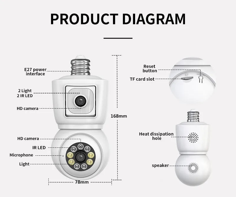 8MP E27 Bulb WiFi Camera 4K Dual Lens Dual Screen Cam Auto Tracking Two Way Audio Night Vision CCTV Security Protection ICSEE