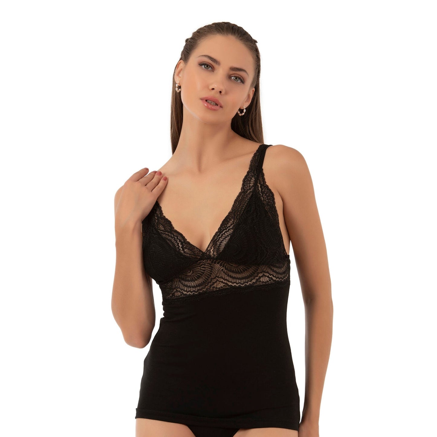 Women’s Lace Trim Cotton Modal Camisole with V-Neck and Wide Straps