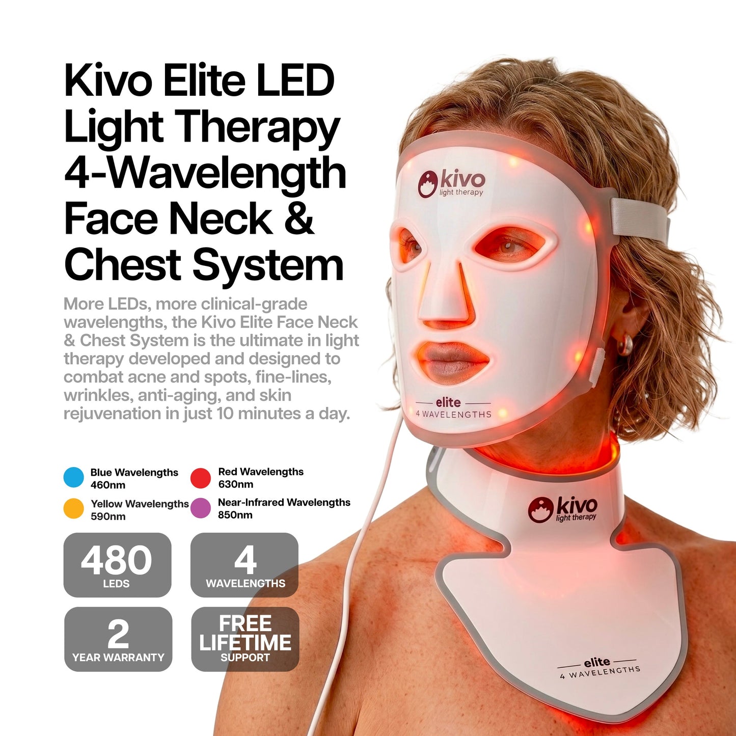 Kivo Elite Face + Neck + Chest: Blue, Yellow, Near-Infrared, and Red Light Therapy System