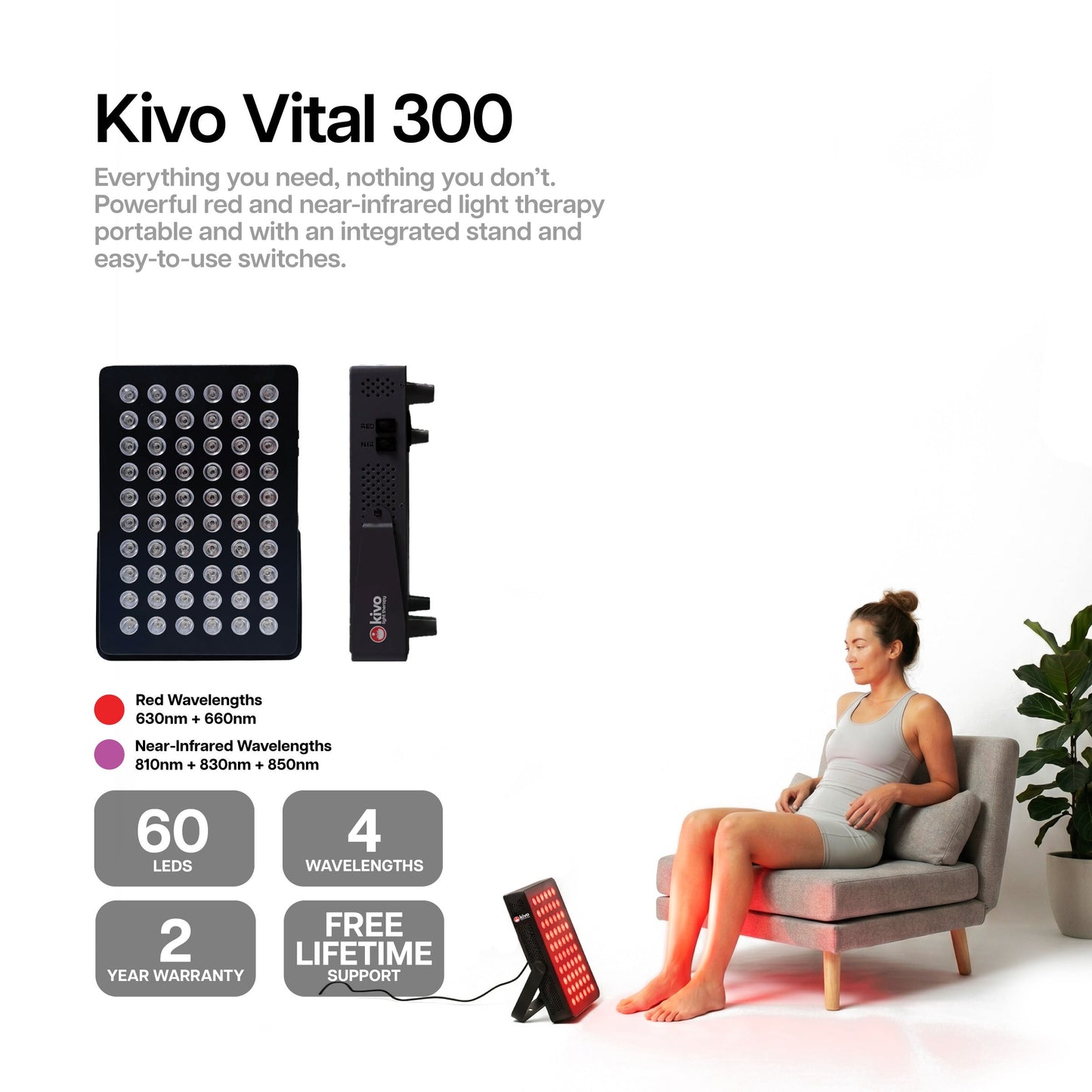 Kivo Vital 300: Portable Small Red Light Therapy Panel + Integrated Stand